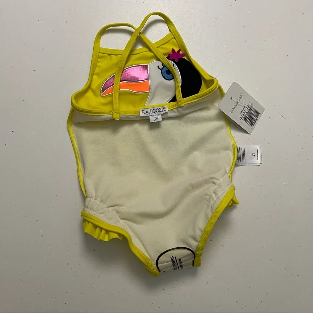 Flapdoodles Swimsuit One Piece Ruffle Toucan Bird Flowers Tropical Beach Yellow